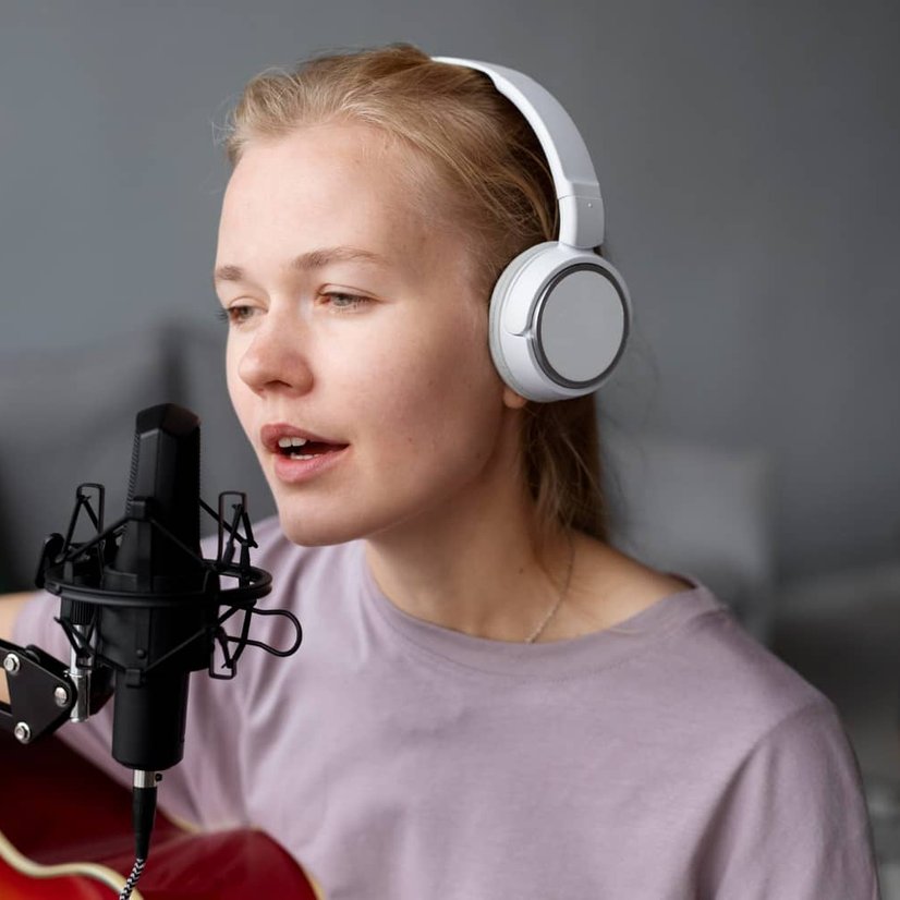 Teen girl singing into microphone wearing white headphones